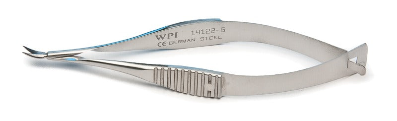 Vannas Scissors, 8 cm (3"), 5 mm Blades, 0.1 mm Tips, Curved, German Made, Stainless Steel, WPI Premium
