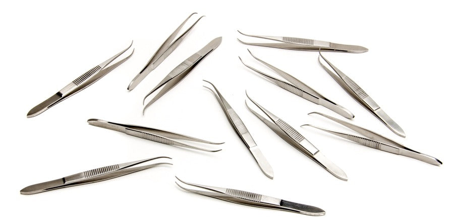 Iris Forceps, 10cm, Curved, Serrated, 12-pack