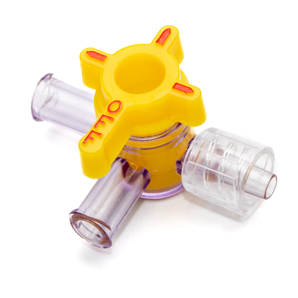 4-Way Stopcock, Yellow, 2 Female Luer Locks, Male Luer with Spin Lock