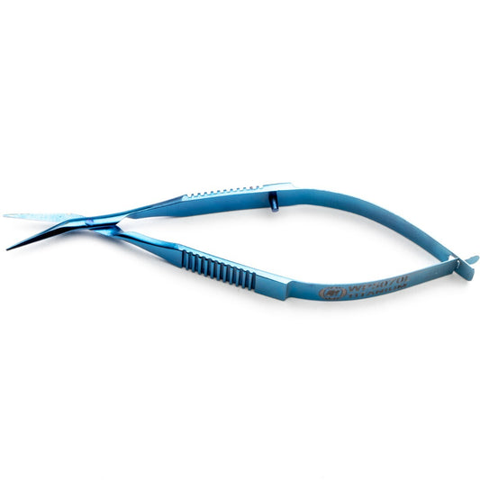 Vannas Capsulotomy Scissors, 9.5 cm (3.75"), 10.5 mm Sharp, Angled-on-the-side Tips, Non-Magnetic, Titanium, WPI Premium